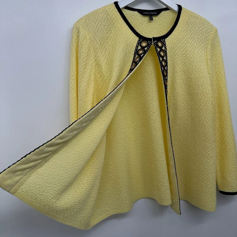 Ming Wang Cardigan Jacket Large Knit 3/4 Sleeve Shoulder Pads Office Career Boho